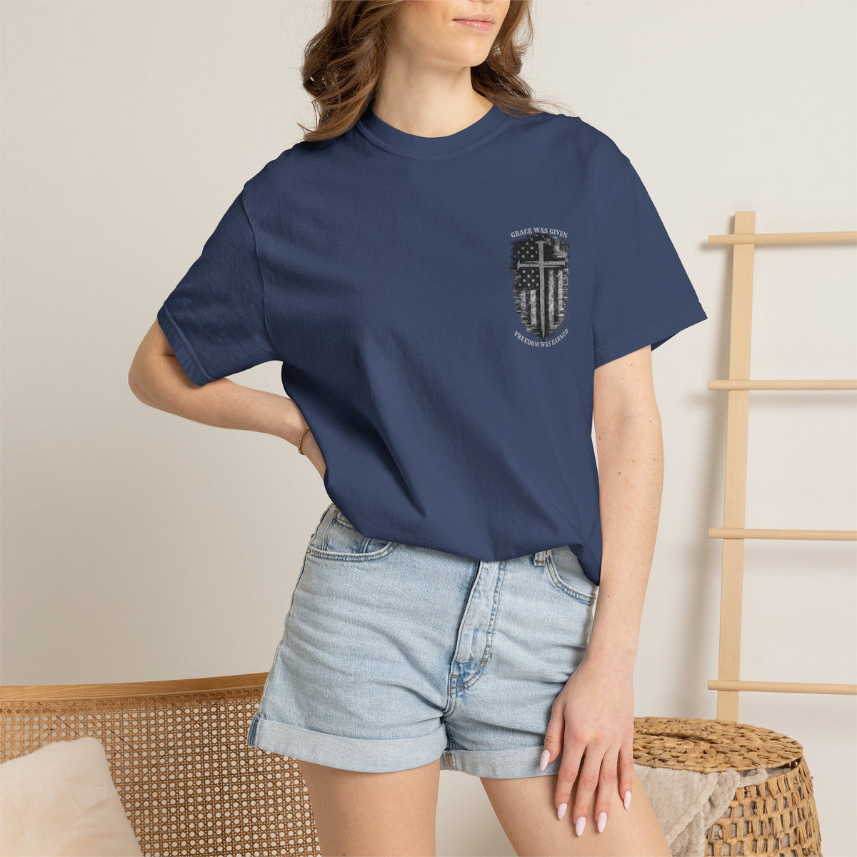 Grace Was Given, Freedom Was Earned | Flag & Cross Tee