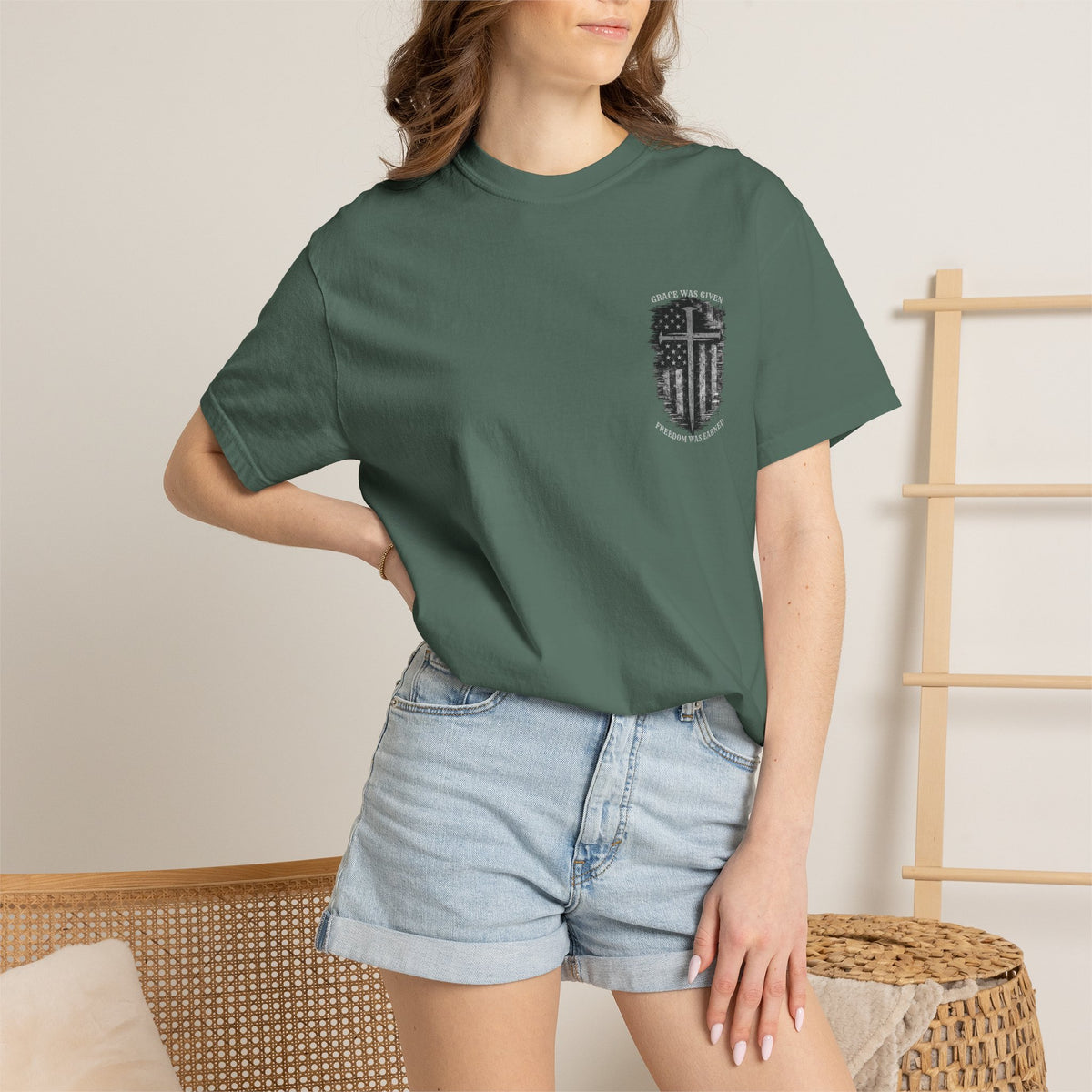 Grace Was Given, Freedom Was Earned | Flag & Cross Tee