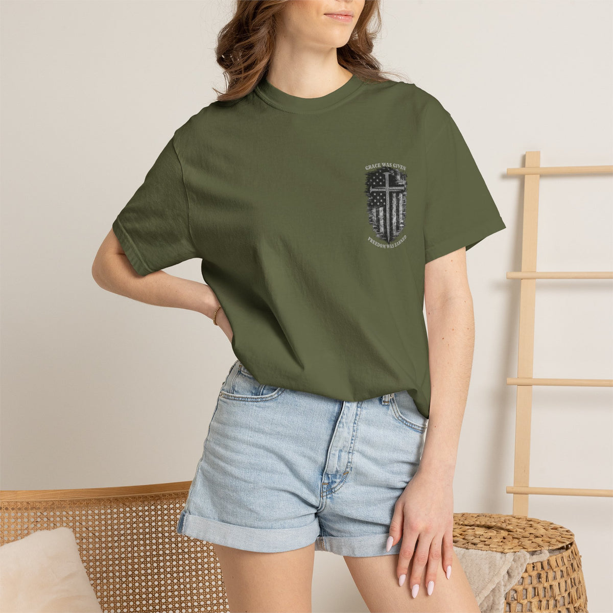 Grace Was Given, Freedom Was Earned | Flag & Cross Tee
