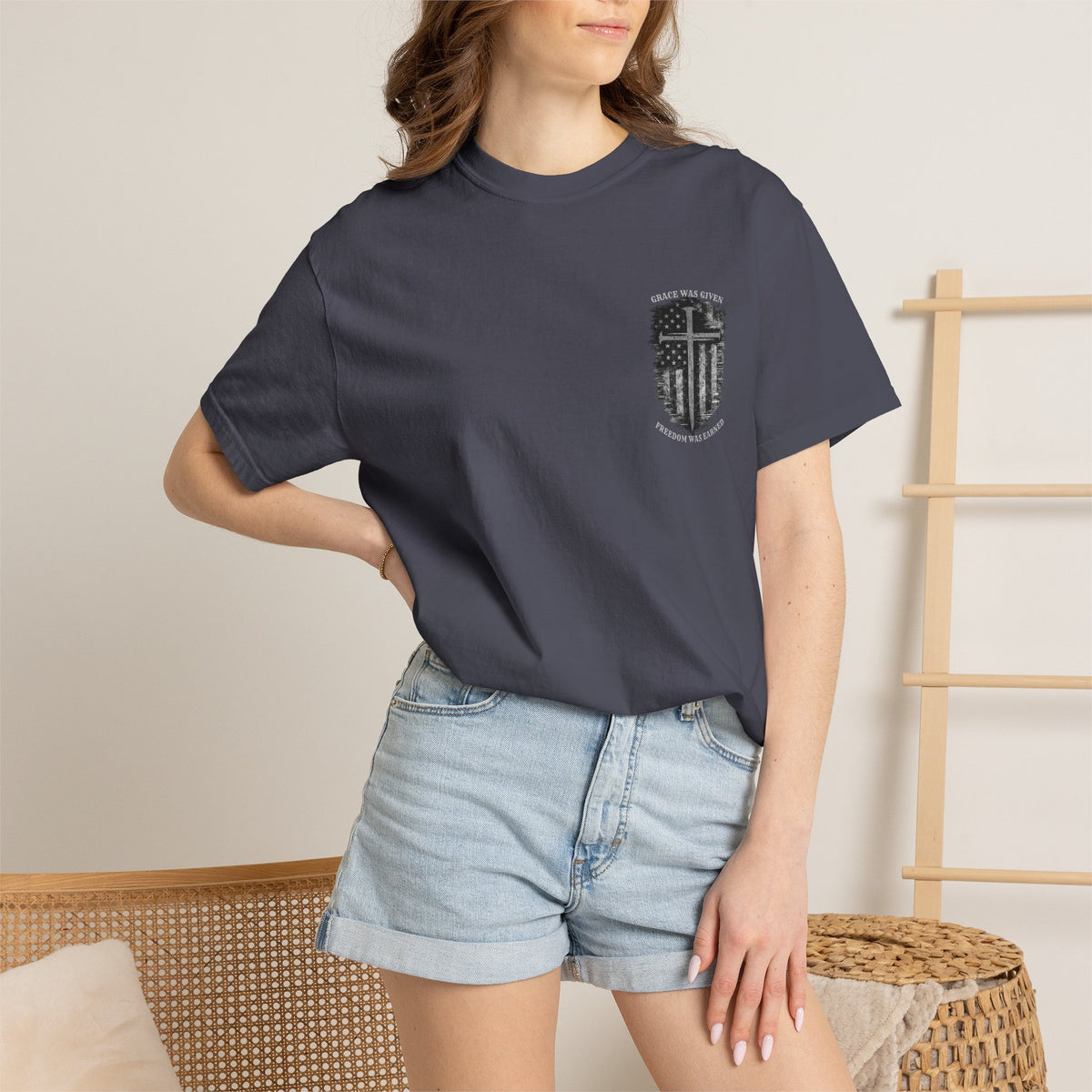 Grace Was Given, Freedom Was Earned | Flag & Cross Tee