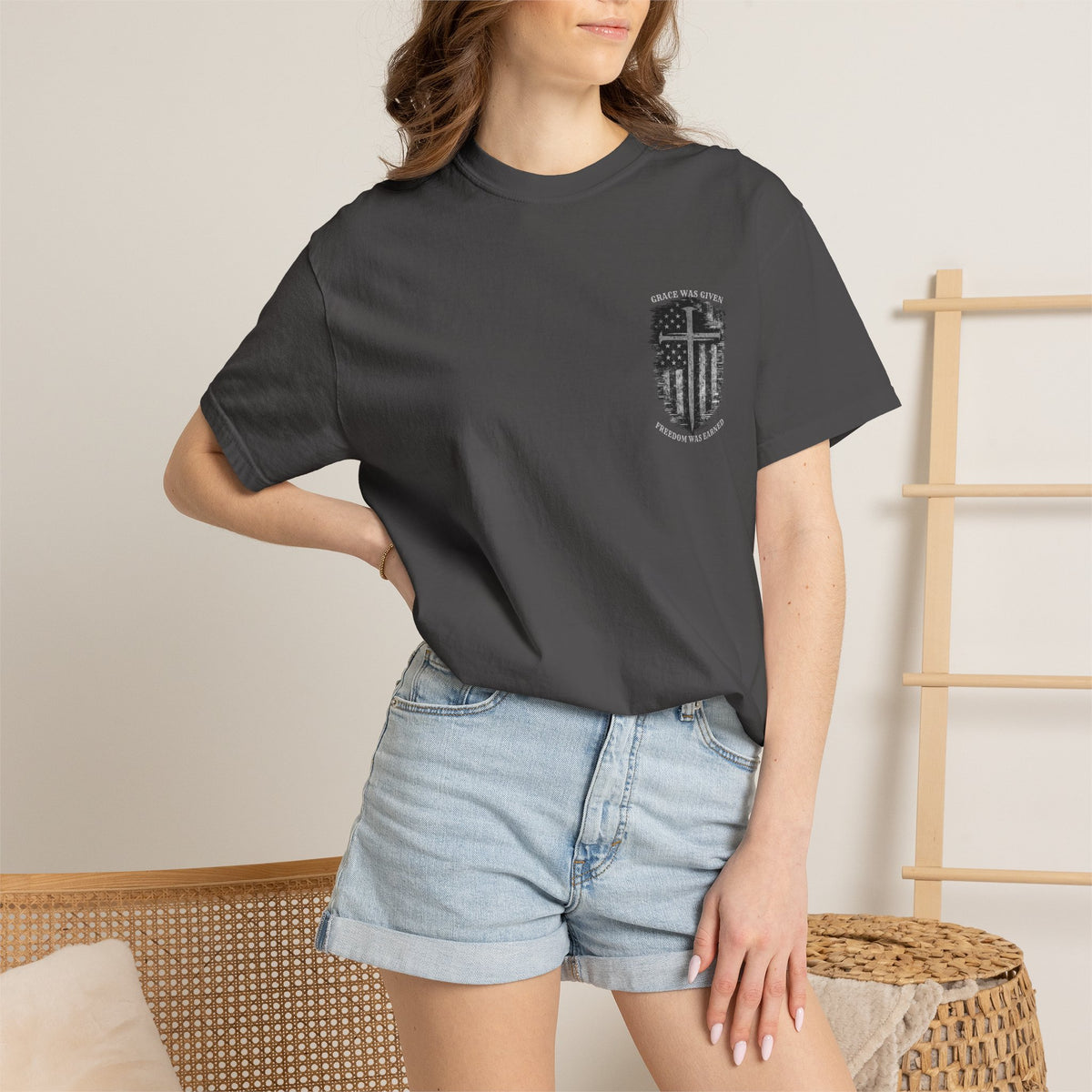 Grace Was Given, Freedom Was Earned | Flag & Cross Tee