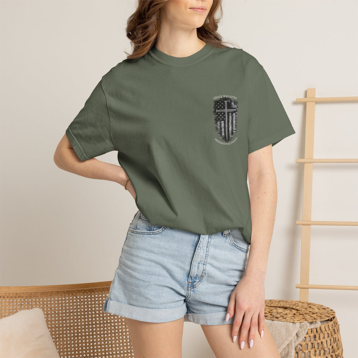 Grace Was Given, Freedom Was Earned | Flag & Cross Tee